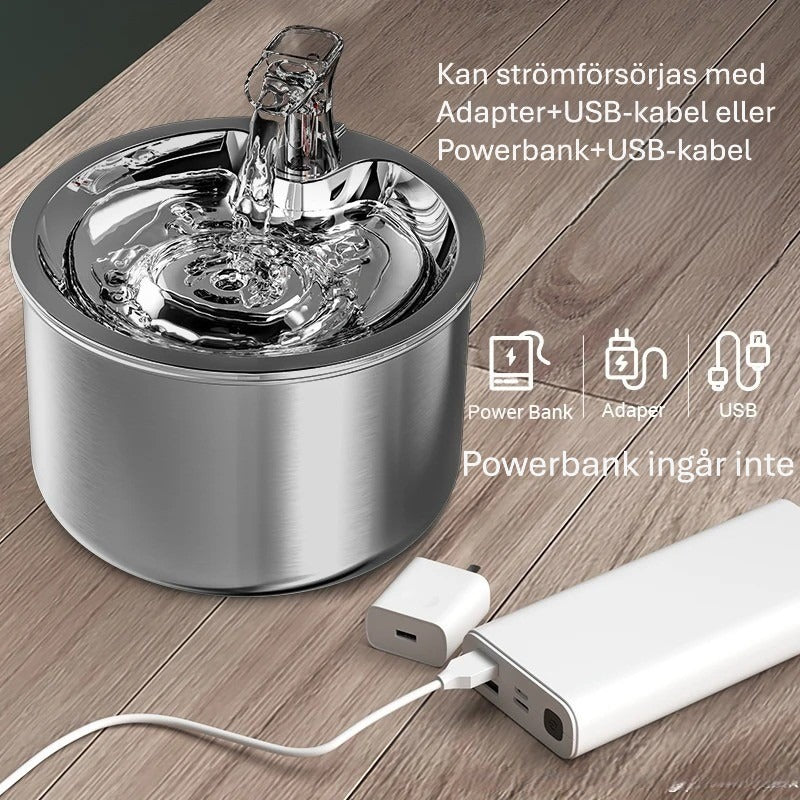 Kattfontän i rostfritt material med utbytbart filter